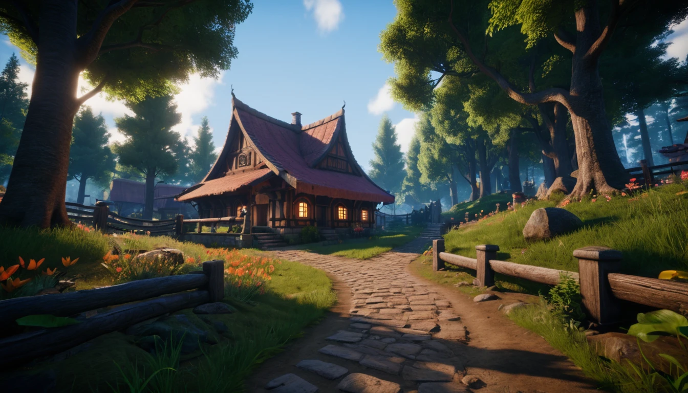 (anime, fantasy, medieval village), (best quality, highres, HDR:1.2), vibrant colors, detailed landscape, intricate, there is a small path in the middle of a forest, cinematic forest lighting, moonlit forest environment, 8 k. volumetric lighting. dark, game engine lighting, environment lighting, rendered in cryengine, fantasy forest environment, highly detailed environment, detailed textures and lighting, dark fantasy environment, detailed lighting and textures, detailed environment, beautiful and cinematic lighting