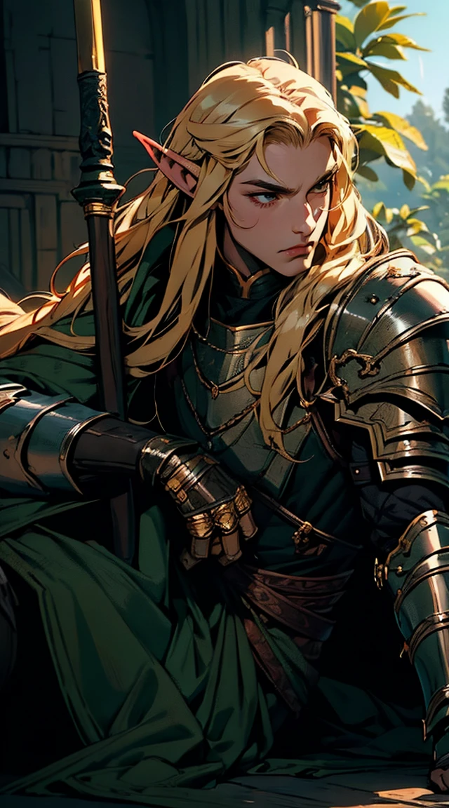 piece of art, better quality, 1 person, adult, male focus, One, blonde hair, long hair, bright green eyes, heavy armor, Male, cloak, dark skin, Battle cry, Fantasy aesthetics, very detailed, shadow universe style, elf ear, Looking up, Elven Knight Armor. Holding a Chinese halberd, going, letter, lying down, standing, on the back, struggle, dynamic poses. Get ready to dive into the world, where beauty and craftsmanship merge beautifully.Kissing a beautiful elf on the lips, hugs around the waist

