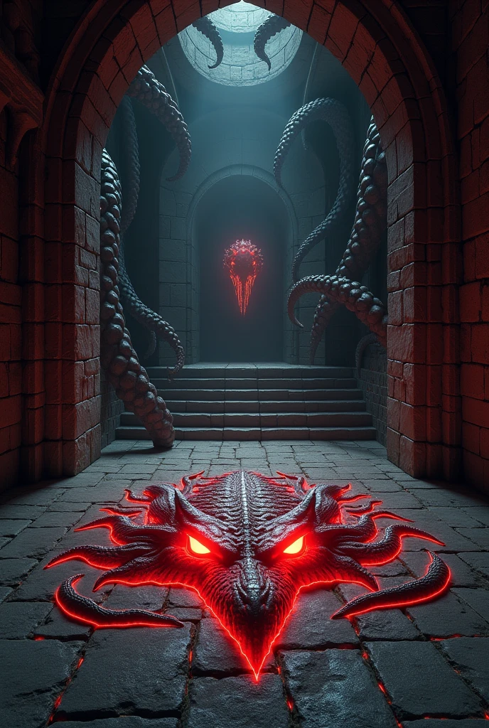 Create a medieval closed room with red dragon eyes on the floor and octopus tentacles coming out of the walls