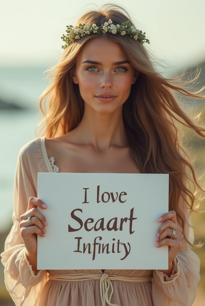 Beautiful girl with wavy long hair, bohemian dress, holding a white board with text "I Love Seaart Infinity" and showing it to the viewer
