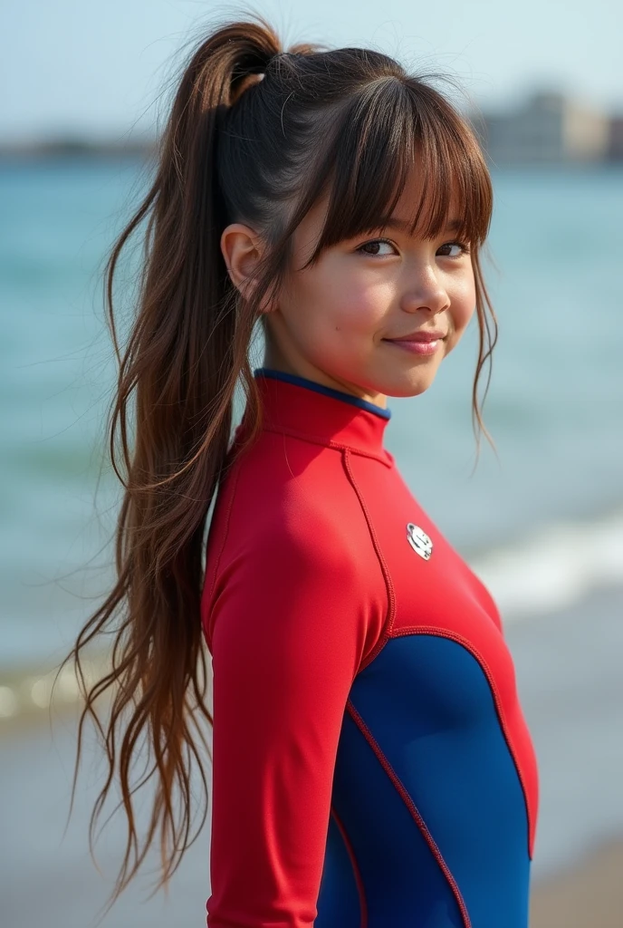 A hot and beautiful girl wearing a long brown wig with bangs with a long beautiful ponytail wearing a red and blue long sleeved sleeves wetsuit