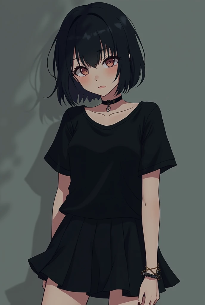 Emo female anime character ,short black hair,short skirt ,with black blouse, with accessories,with short sleeves,with pale skin