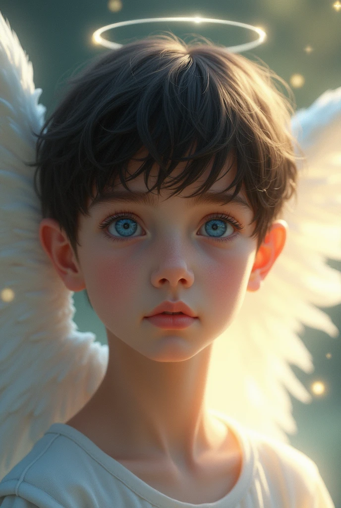 boy with blue eyes, dark brown straight hair, white skin and realistic angelic appearance