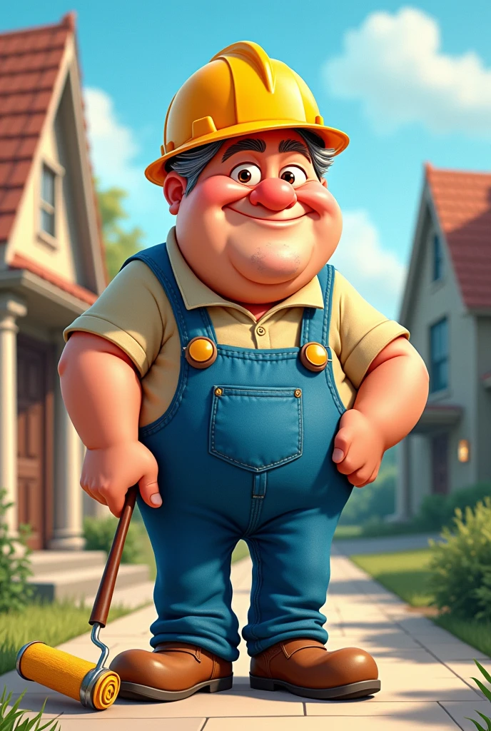 Disney style caricature of a friendly man in his 40s, with a little gray hair, that he is a house painter and has a roller in his hand, yellow helmet and be fat