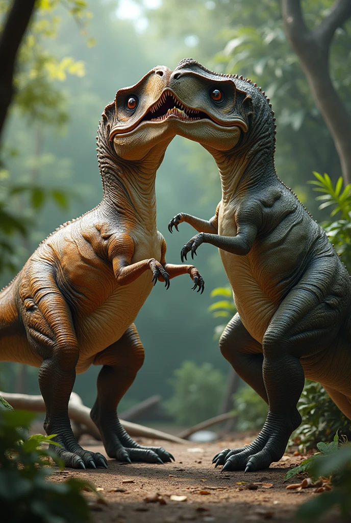 Realistic scene of two Tyrannosaurus rex in a posture, with detailed skin textures and a prehistoric jungle background