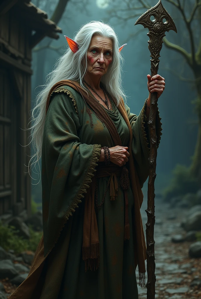 witch in peasant clothes white hair with red spots one green eye and the other blue holding a staff