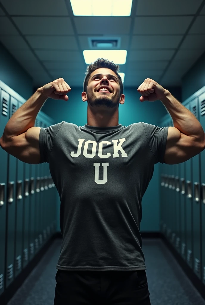 Young male college student Wearing shirt that says JOCK-U as a big dumb hyper muscular sweaty bodybuilder football jock bro in skin-tight shirt flexing and staring blankly with open mouth into a monitor displaying a hypnotic spiral under hypnosis in a locker room doing a double bicep flex to expose sweaty armpits as he repeats, "Stare ... listen ... blank ... obey.... Bigger... Dumber.... Just a big ... dumb ... jock. Huhuh.... Wut up , bro? C'mere. Watch the spiral and FLEX with me, BRO! It's good to be a JOCK. Stare. Obey. Be a jock, just like me...." in a deep voice. Football jock assimilation. Hyper swollen crotch bulge. Sweating. Mouth hanging open. Hyper muscles. Giant biceps. Giant triceps. Broad shoulders. Giant traps. Giant lats. Giant deltoids. Big meaty pecs. Brainwashing. Hypnosis. Hypnotized. Bro. IQ drain. Sweaty. Stereotype. Hypnotic trance. Entranced. Brainwashed. meathead. Musclehead. mindless. brainless. Front view.
