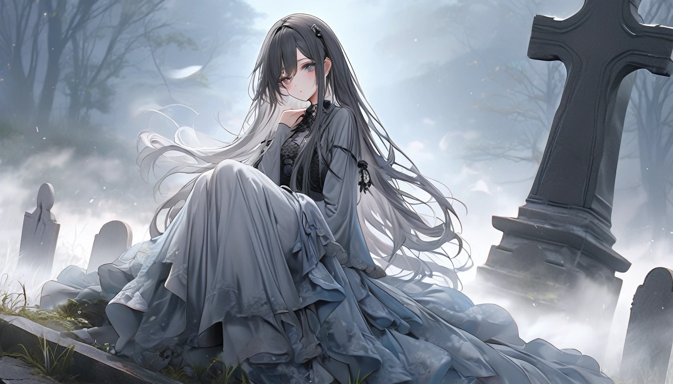 **236. One person。Wandering souls in the mist。Gothic+Fantasy。Cowboy shot or close-up。
masterpiece, best quality, ultra detailed (Detailed fingers), (Emotional), (Breathtakingly beautiful),
(main part: 1.2 Whole body。), (Anime Style), (Very detailed), (Fantasy),
(超High resolution, High resolution), (8k), (High resolution: 1.2), (Complex and beautiful: 1.2)**
- background: Old cemetery shrouded in thick fog、A stone monument can be seen dimly in the distance。
- character: Ghost girl in a decayed dress、Long hair swaying in the wind。
-pose: Sitting on a tombstone、Reaching out into the mist。
-expression: wistful look、A misty illusion is reflected in my eyes。
- Effects: The mist enveloped her body、A translucent figure emerges。
-color: Pale grey and blue、Soft colors blending into the mist。