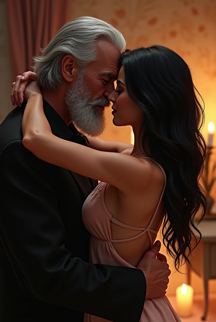 Grandpa hugged a beautiful woman with big breasts wearing a black bra in the rain