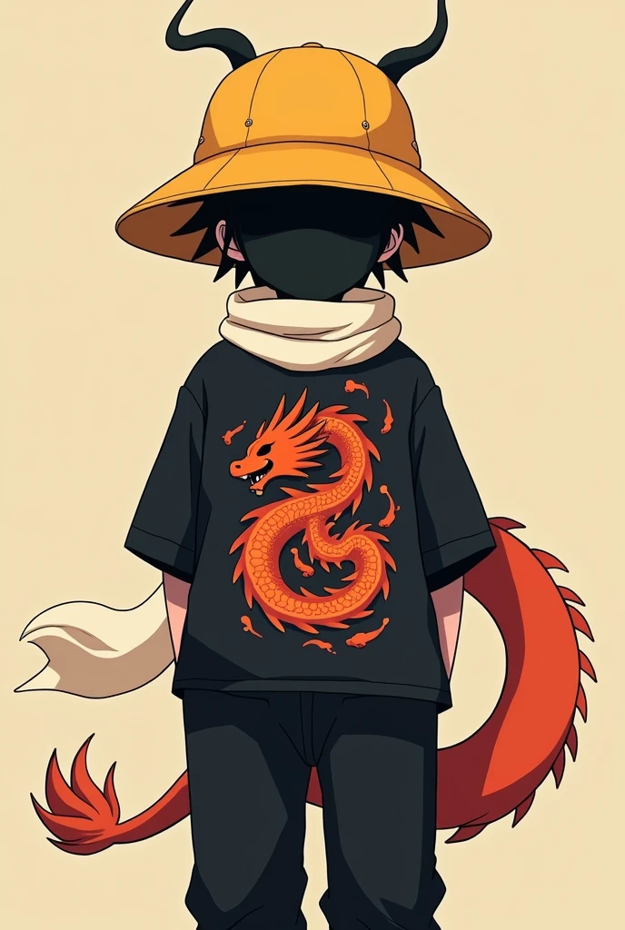 create an image of a faceless boy wearing a yellow hat ,black a shirt , With a red image of a dragon, black pants and a white katakuri scarf with kitsune tails but in a medium orange color with a gradient on the tail, the dragon that is in the shape of a spiral and with a little black