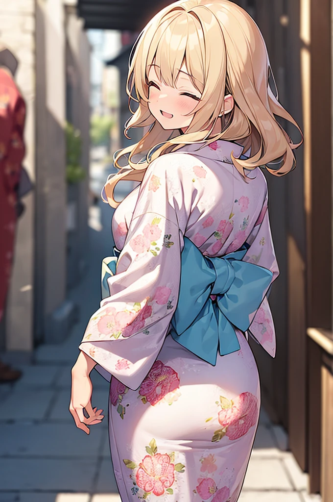 (Masterpiece, Top quality:1.5), (from behind:1.2), 1 beautiful girl, solo, walking, from behind, Blonde, medium Hair, wavy Hair, asymmetry bangs, swept bangs, airy hair, (medium hips:1.3), 16 year old, standard weight, (floral printed yukata :1.3), smile:1.3, blush, beautiful scene of narrow Alley, blurry background, magnificent panorama view, blurry background, open mouth, closed eyes