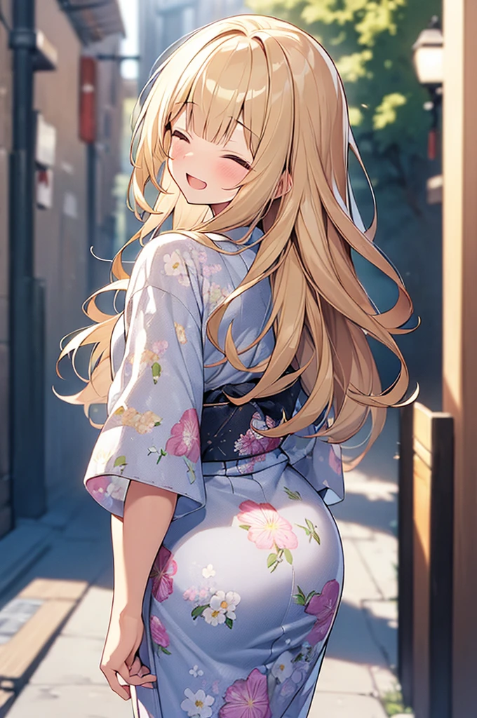 (Masterpiece, Top quality:1.5), (from behind:1.2), 1 beautiful girl, solo, walking, from behind, Blonde, medium Hair, wavy Hair, asymmetry bangs, swept bangs, airy hair, (medium hips:1.3), 16 year old, standard weight, (floral printed yukata :1.3), smile:1.3, blush, beautiful scene of narrow Alley, blurry background, magnificent panorama view, blurry background, open mouth, closed eyes