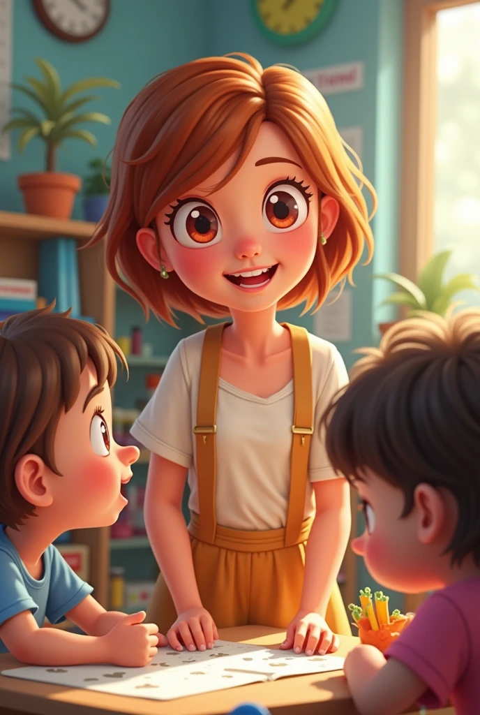 Happy teacher playing with her preschool students together, The teacher with short shoulder-length light brown red hair with red and honey-colored eyes 