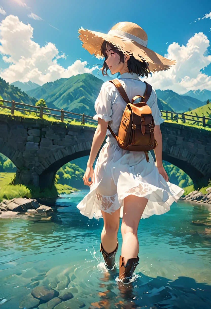 Blue sky and incoming clouds, bobbed-haired girl wearing straw hat, white shirt, white skirt, short brown boots, girl with khaki backpack, back view composition, walking in river, ankle-deep in water, clear water, beautiful water flow, shimmering splashes, wind blowing, Animated landscape of a bridge over a river with a sky background, beautiful animated landscape wallpaper, animated landscape, animated nature, animated nature wallpap, animated background art, animated background, beautiful peaceful scene, beautiful animated scene, wallpaper anime Blue Water, anime rural landscape, detailed landscape - width 672, landscape painting