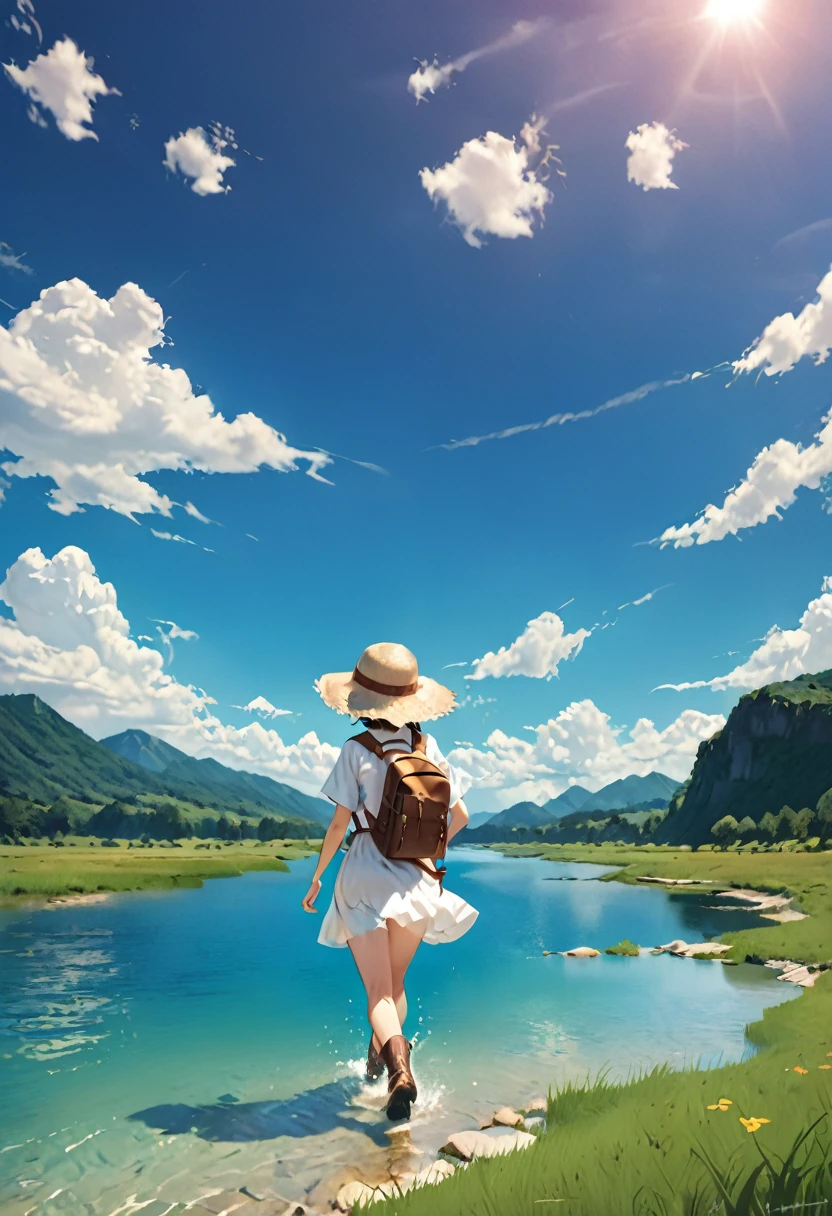 Blue sky and incoming clouds, bobbed-haired girl wearing straw hat, white shirt, white skirt, short brown boots, girl with khaki backpack, back view composition, walking in river, ankle-deep in water, clear water, beautiful water flow, shimmering splashes, wind blowing, Animated landscape of a bridge over a river with a sky background, beautiful animated landscape wallpaper, animated landscape, animated nature, animated nature wallpap, animated background art, animated background, beautiful peaceful scene, beautiful animated scene, wallpaper anime Blue Water, anime rural landscape, detailed landscape - width 672, landscape painting