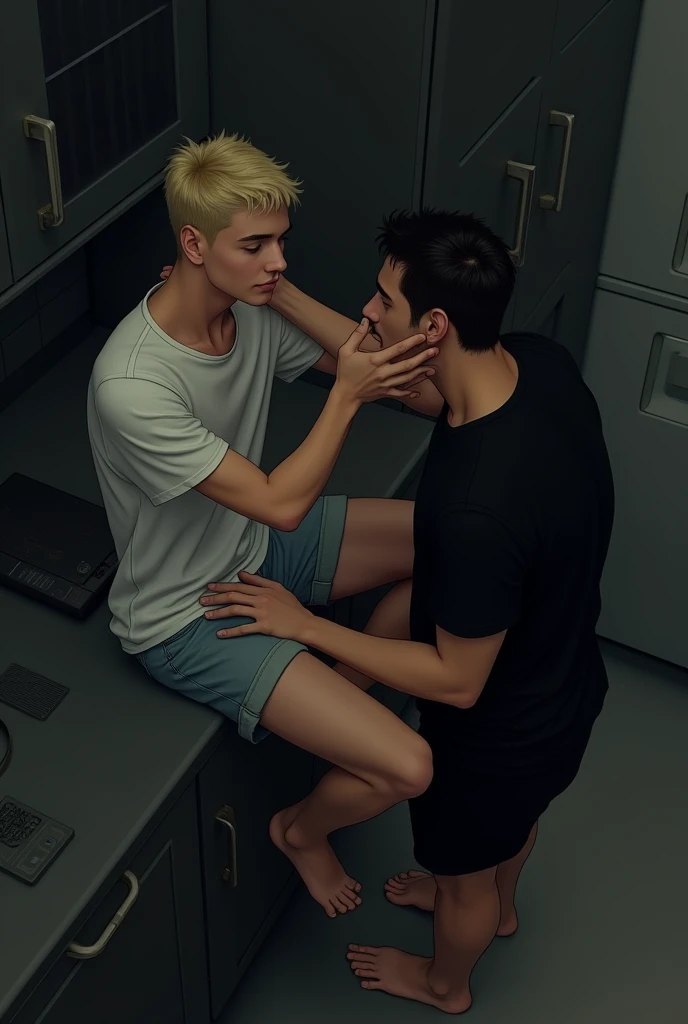 A slender blond man in a white t-shirt and loose shorts sits on the counter with his arms around his neck and his legs behind his waist. A tall man in a black t-shirt and black shorts is standing and pretending to carry someone. In the kitchen, top view, dark tone, semi-realistic.