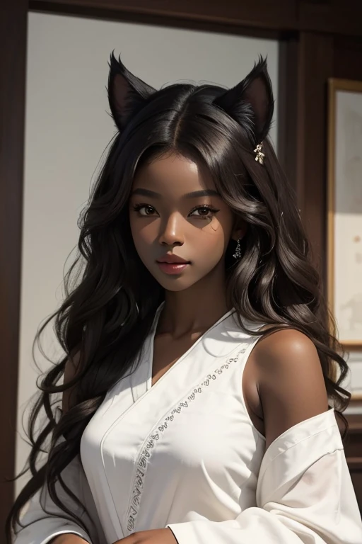 ((best qualityer)), ((work of art)), (detailded), darkskin, long curly brown hair, dark brown eyes slanted to the side. Afro-Asian. Wearing a white casual dress. Black cat ears, a black tail. 