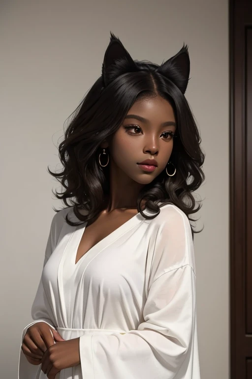 ((best qualityer)), ((work of art)), (detailded), darkskin, long curly brown hair, dark brown eyes slanted to the side. Afro-Asian. Wearing a white casual dress. Black cat ears, a black tail. 