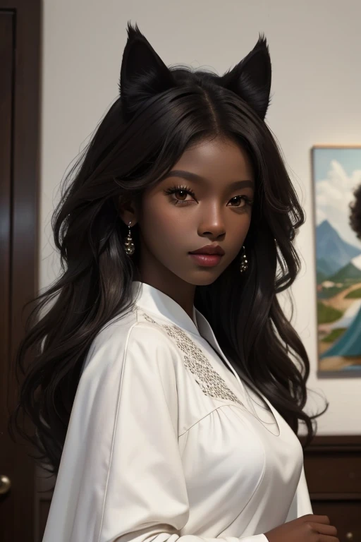 ((best qualityer)), ((work of art)), (detailded), darkskin, long curly brown hair, dark brown eyes slanted to the side. Afro-Asian. Wearing a white casual dress. Black cat ears, a black tail. 