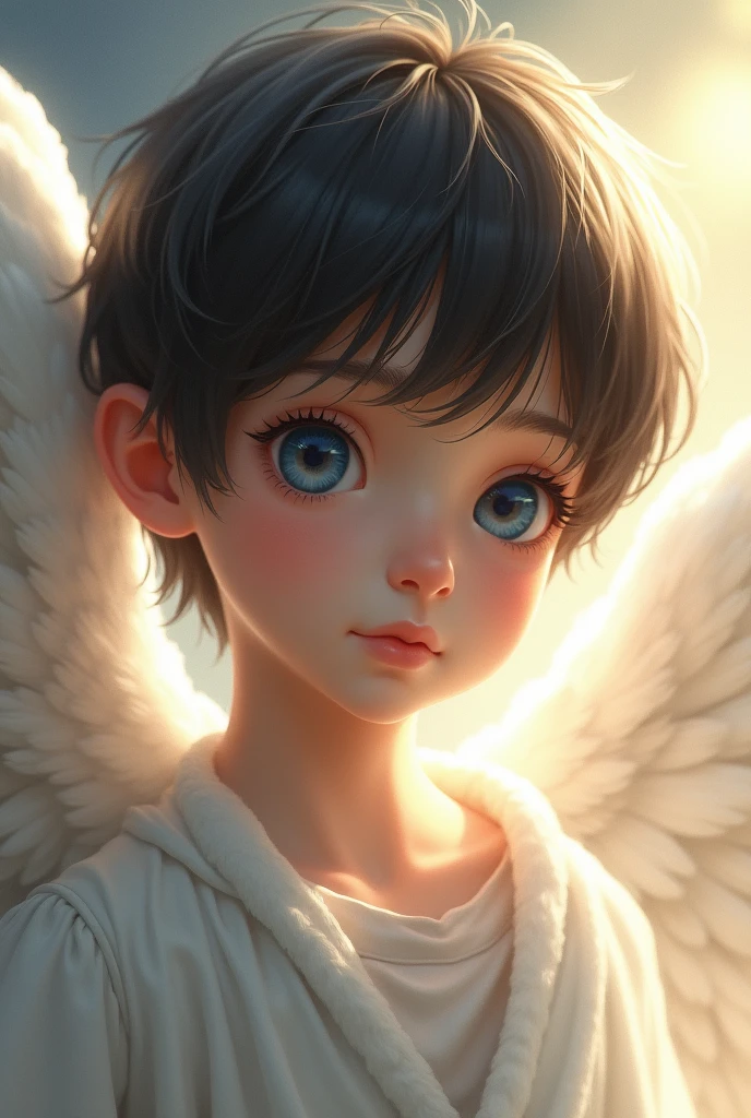 Adult boy with blue eyes, dark brown straight hair, white skin and realistic angelic appearance