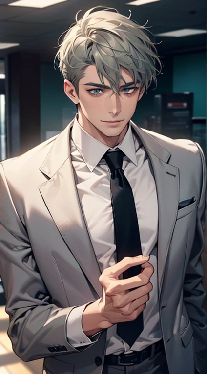 (best quality,4k,8k,highres,masterpiece:1.2),ultra-detailed,(realistic,photorealistic,photo-realistic:1.37),1 man,31 years old, man,very handsome,without expression,smile,short grey green hair,blue eyes,penetrating gaze,perfect face without errors,imposing posture,businessman,office background,cinematic lighting,hdr image