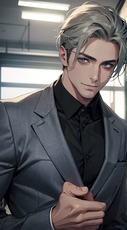(best quality,4k,8k,highres,masterpiece:1.2),ultra-detailed,(realistic,photorealistic,photo-realistic:1.37),1 man,31 years old,mature man,very handsome,without expression,smile,short grey green hair,blue eyes,penetrating gaze,perfect face without errors,imposing posture,businessman,office background,cinematic lighting,hdr image