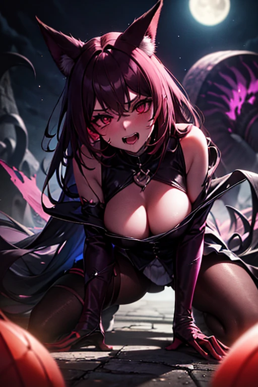 A black female monster writhing in pain, gritting her teeth after being attacked by a pink magic on a dark road at night