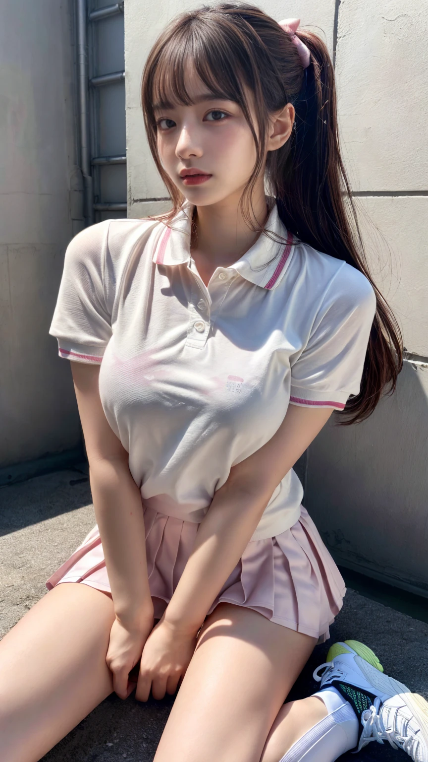 (absurdres:1.3), (highres:1.3), (ultra detailed:1.3),(1girl:1.3), (extremely detailed CG unity 8k wallpaper:1.3), (detailed skin texture, detailed cloth texture, detailed hair texture), (beautiful detailed face, supermodel, pale skin, realistic glistening skin), (RAW photo, best quality), (realistic, photo-realistic:1.4), masterpiece, extremely delicate and beautiful,Amazing, finely detail, extremely detailed CG unity 8k wallpaper, huge filesize, ultra-detailed, highres, absurdres, soft light,rim light, vibrant details, hotel room, straight hair, large breasts, black hair color, Big Natural Color Lip, (perfect body shape), beautiful legs, BREAK (white theme:1.4), (tucked-out short sleeve white polo shirt:1.4), (pink lines on tops outline:1.3), (pure white pleated mini skirt:1.3), (hem of top covers top half of skirt:1.3), (pink fluffy scrunchie on wrist:1.3), (white and pink sports shoes:1.2), crying a little、little smile, Harajuku style、20 year old girl、cute type、lolita、