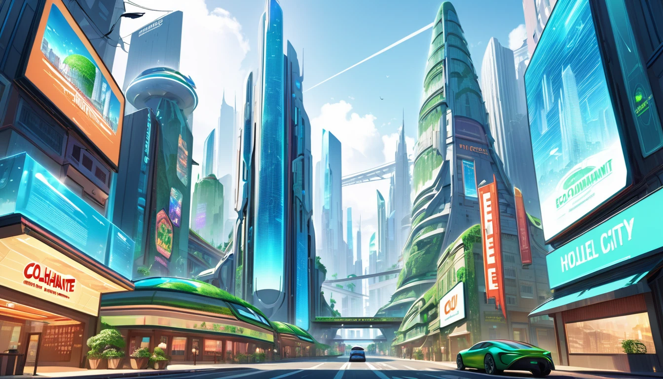 Hotel in the heights, colhante restaurant in Ecofuturist City, futuristic city, Big city full of skyscrapers and holographic screens., Advertising posters, eco City, green City.