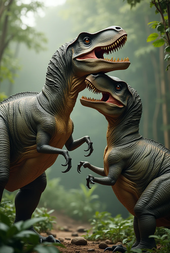 Realistic scene of two Tyrannosaurus rex in a mating posture, with detailed skin textures and a prehistoric jungle background