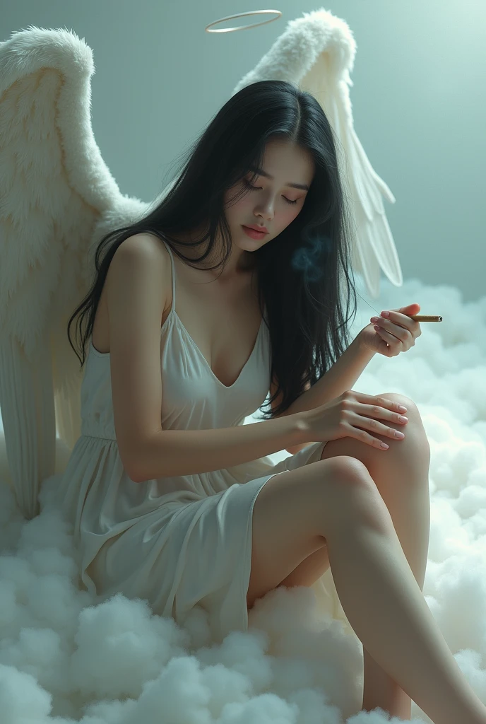1 girl,long black hair,big breasts,angel,angel wings,halo,white tunic,languid,sluggish,empty eyes,bored,lonely,sigh,half-closed eyes,sharp eyes,open eyes,air is heavy,sitting,Right knee up,Right elbow on right knee,holds a cigarette in his right hand,exhaling cigarette smoke from his mouth,heaven,floor is made of fluffy clouds