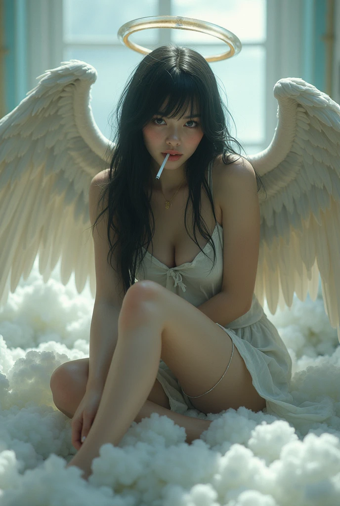 1 girl,long black hair,big breasts,angel,angel wings,halo,white tunic,languid,sluggish,empty eyes,bored,lonely,sigh,half-closed eyes,sharp eyes,open eyes,air is heavy,sitting,Right knee up,Right elbow on right knee,holds a cigarette in his right hand,exhaling cigarette smoke from his mouth,heaven,floor is made of fluffy clouds