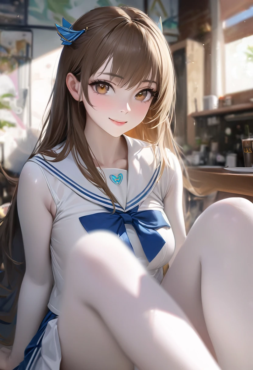 top quality, (masterpiece: 1.2), Very detailed, Own room, 1 girl, Alone, (Musa), smile, View viewer, by the cafe, circle of angels, Long hair, hair ornament, Brown eyes, Light in the eyes, white sailor suit, Girls High School Uniform, white underwear, In the midst of change, realist, from the knees up, shiny skin, White skin, (medium breasts) ultra-realist, realist, realist, portrait, blur, D.and, overwatch