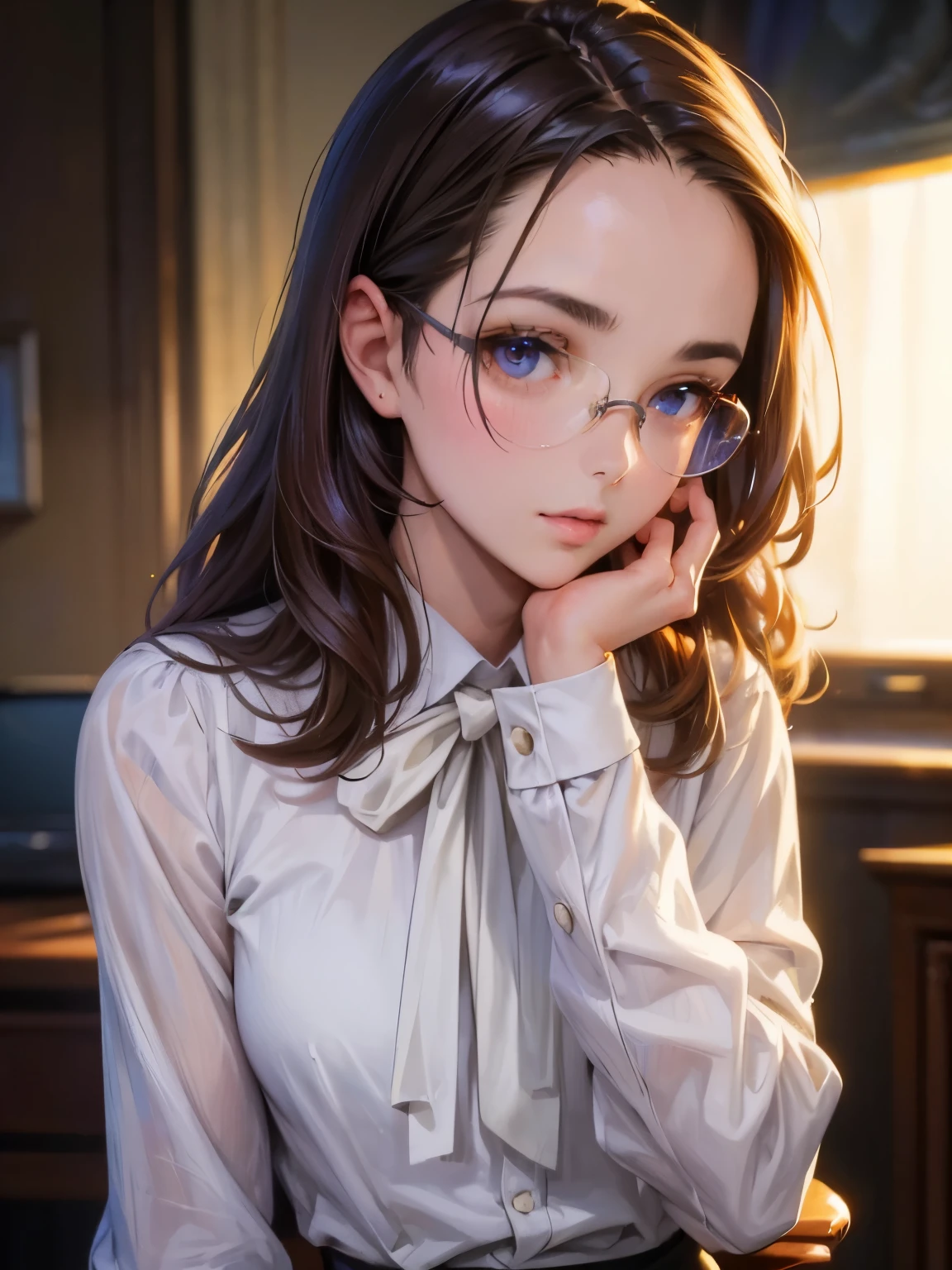 nsfw, (masterpiece:1.2, highest quality), (Realistic, photoRealistic:1.4), Beautiful illustrations, (Natural Side Lighting, Cinema Lighting), Written boundary depth, Beautiful thighs staring at the viewer, (((Face Focus, Upper Body))), 1 female, 20-year-old, alone, thin, slender, (small breasts), long Hair, Curly Hair, Forehead, Forehead, Forehead, Forehead, thin, slender, glasses, blouse, sexy pencil skirt, Are standing, ((Close-up)), ((Close-up)), ((Close-up))