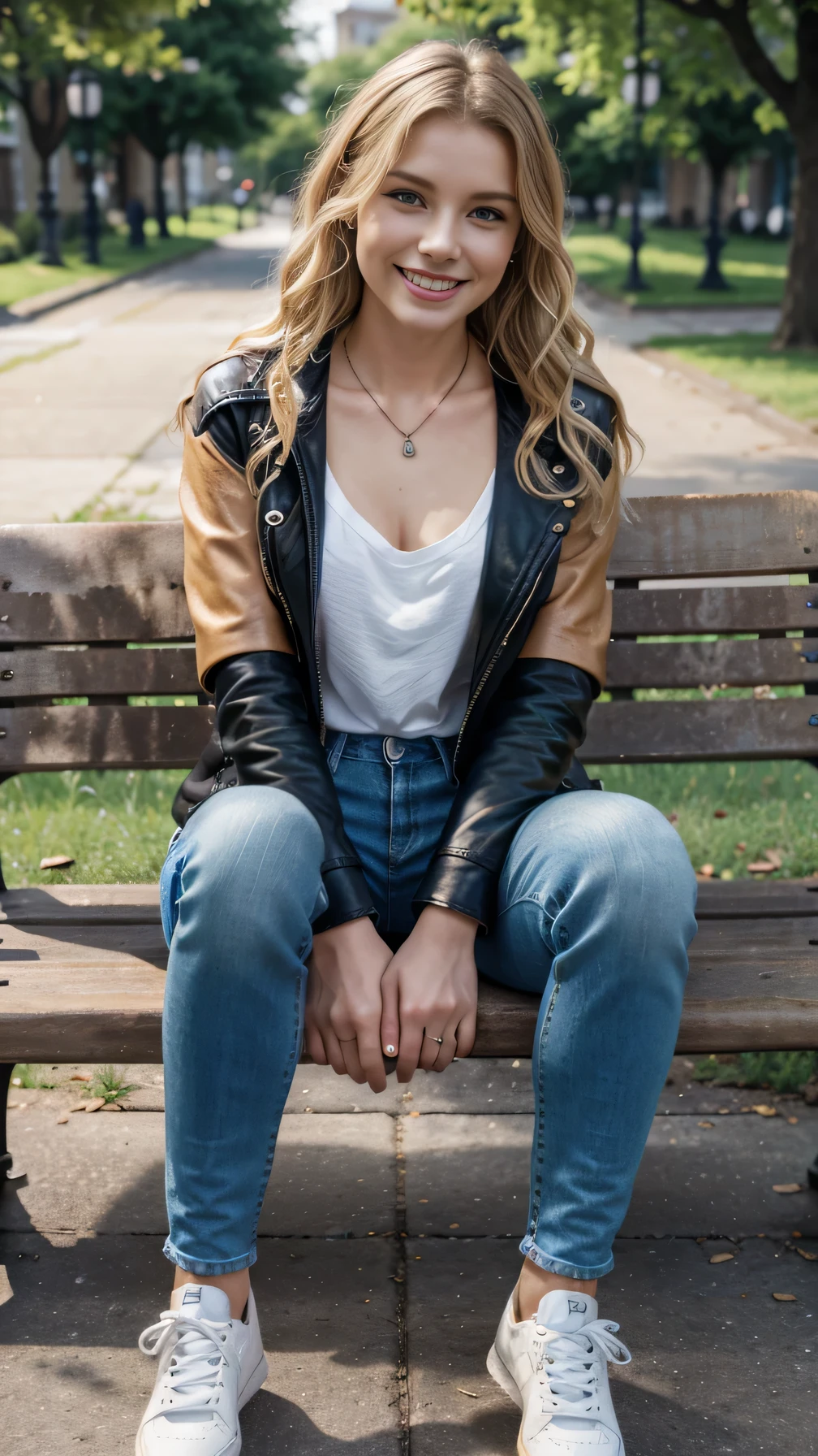 resolution, 8k wallpaper, Beautiful Caucasian Woman、Sitting on a park bench、Leather jacket、blouse、Skinny jeans、sneakers、Necklace around the neck、 blonde 、blue eyes、Wavy Hair、Short Haircut、ear piercing、smile、Beautiful teeth alignment、