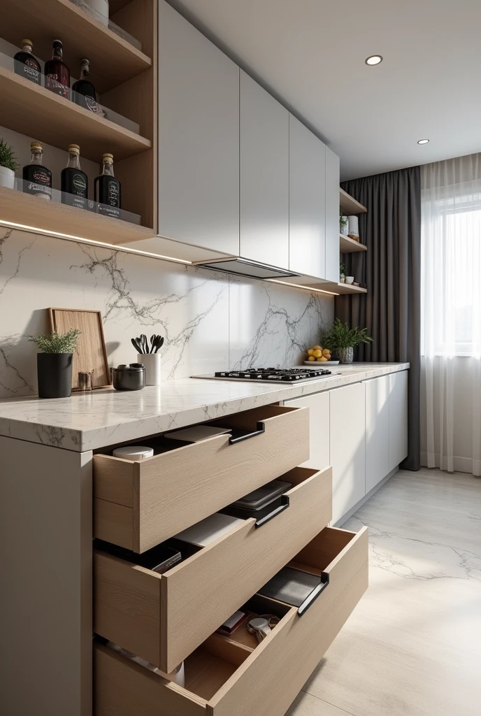 Create a kitchen in contemporary style for 4 people with marble counters that also has visible drawers for utensils and electronics, this is for a medium budget residence.