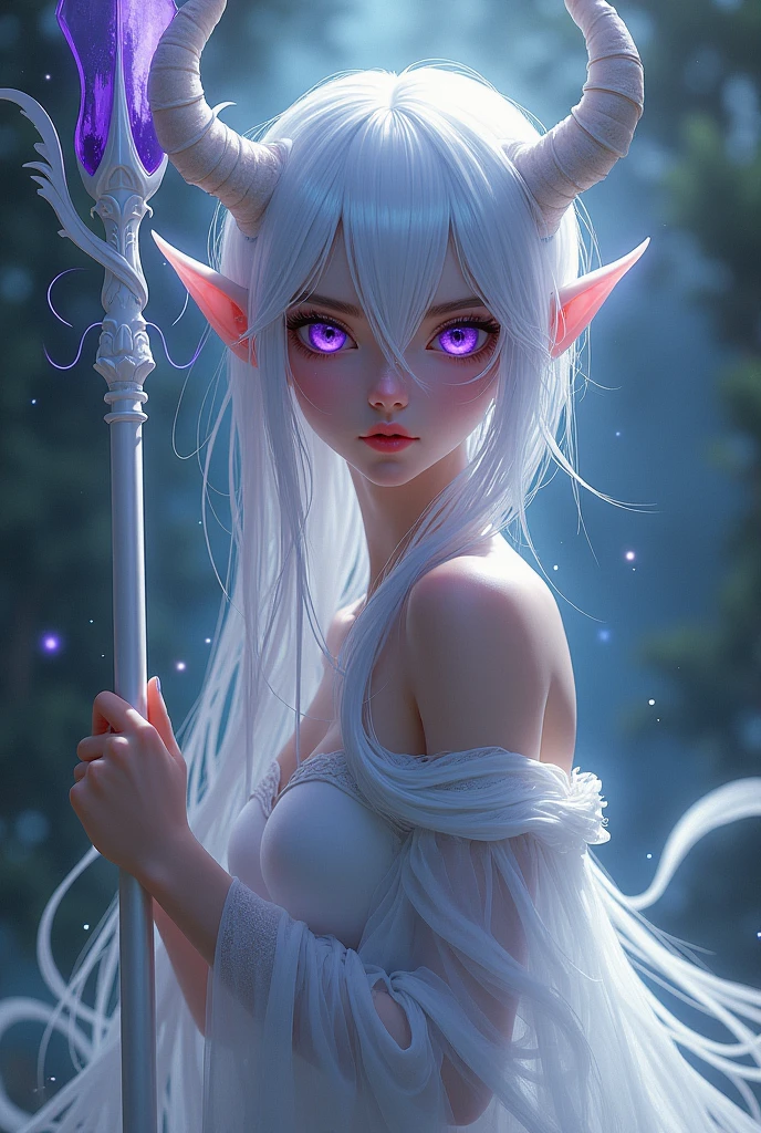 Purple-eyed demon girl with a white hair spear in white clothes
