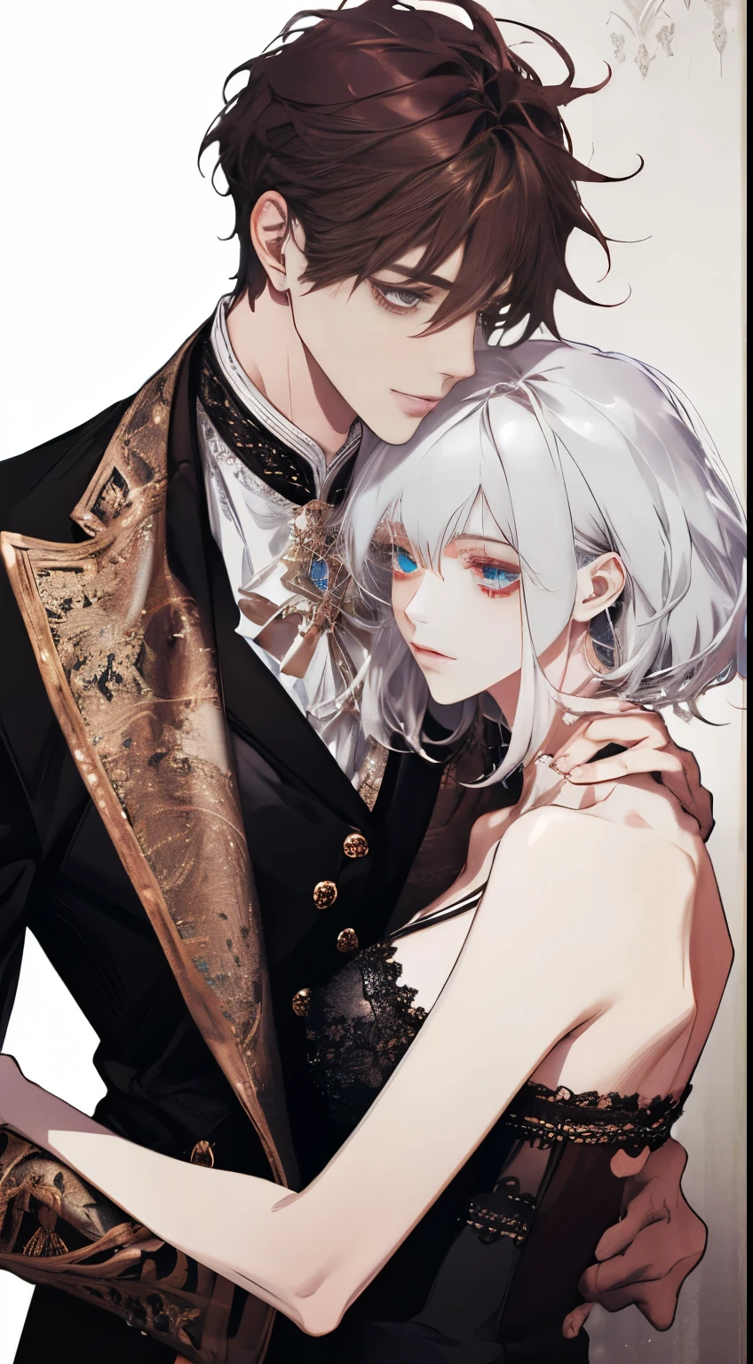 (extreamly delicate and beautiful:1.2), 8K, (tmasterpiece, best:1.0), Two male, One female, Upper body body, black-haired, silver hair, red dark hair, love triangle, 2 male 1 female - love triangle