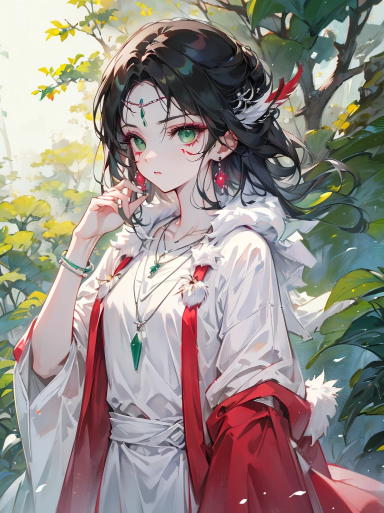 mj3d style,3dmm,3d,(masterpiece, Highest quality:1.1), Ghibli style, Mr. Miss. (mononoke hime), One girl, Bracelet, bangs, Black Hair, black undershirt, chest, Cape, Circlet, Earrings, Face Paint, Floating Hair, forest, fur Cape, Green Eyes, jewelry, View your viewers, medium chest, nature, necklace, Outdoor, parted bangs, shirt, short hair, No sleeve, No sleeve shirt, alone, tooth necklace, wood, Upper Body, white shirt