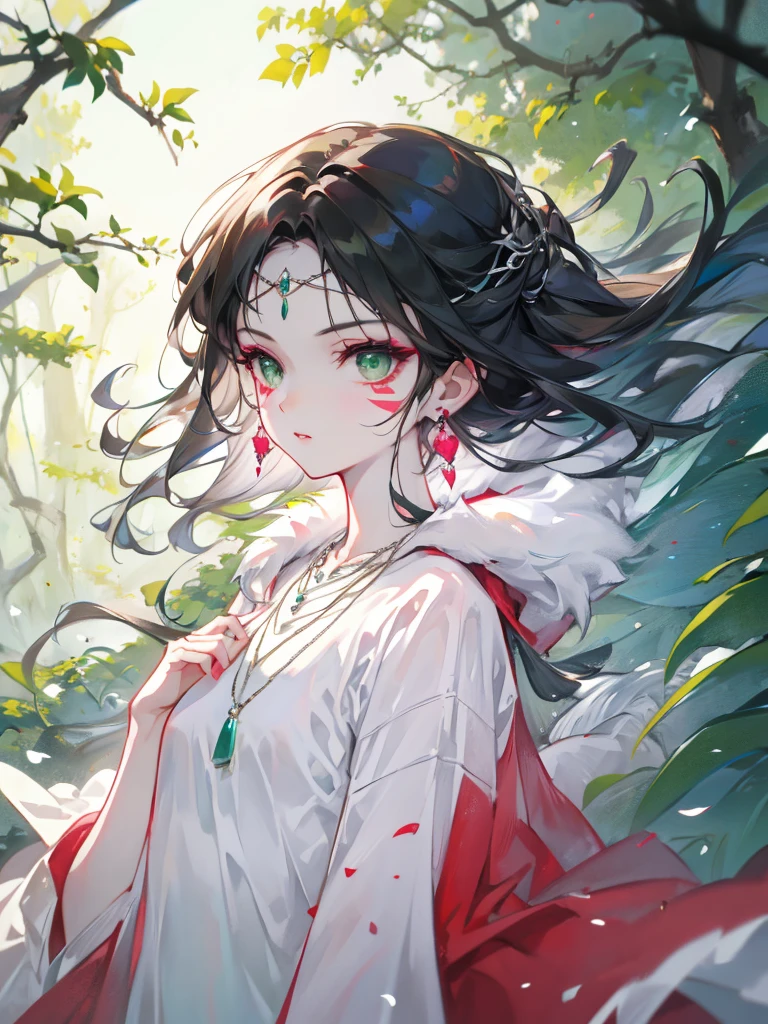 mj3d style,3dmm,3d,(masterpiece, Highest quality:1.1), Ghibli style, Mr. Miss. (mononoke hime), One girl, Bracelet, bangs, Black Hair, black undershirt, chest, Cape, Circlet, Earrings, Face Paint, Floating Hair, forest, fur Cape, Green Eyes, jewelry, View your viewers, medium chest, nature, necklace, Outdoor, parted bangs, shirt, short hair, No sleeve, No sleeve shirt, alone, tooth necklace, wood, Upper Body, white shirt
