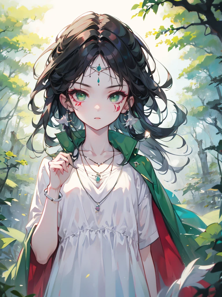 mj3d style,3dmm,3d,(masterpiece, Highest quality:1.1), Ghibli style, Mr. Miss. (mononoke hime), One girl, Bracelet, bangs, Black Hair, black undershirt, chest, Cape, Circlet, Earrings, Face Paint, Floating Hair, forest, fur Cape, Green Eyes, jewelry, View your viewers, medium chest, nature, necklace, Outdoor, parted bangs, shirt, short hair, No sleeve, No sleeve shirt, alone, tooth necklace, wood, Upper Body, white shirt