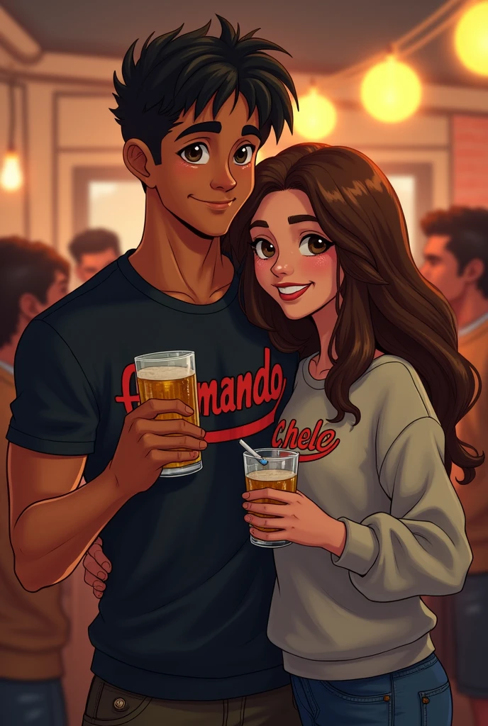 Tall brother with black hair wearing a rock shirt that says Armando and with a beer in his hand Tall sister with brown hair wearing a sweatshirt that says Chele and a cigarette in her hand hugging each other