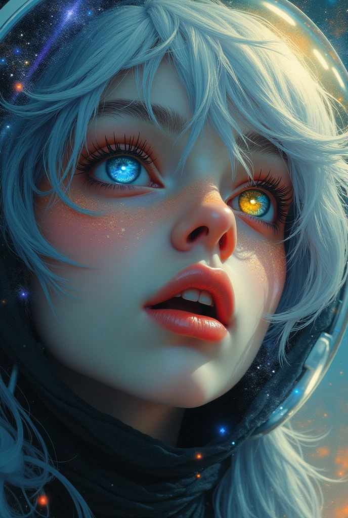 (Close-up of a better masterpiece:1.5)0.9], (Space and astronauts:1.2) (Messy silver hair:1.1) (Heterochromia xanthochromia and blue eyes:1.2) (Space Helmet:1.0) (Colored stars in the eyes:1.0) (A radiant glow:1.1) (thick lips:0.9)