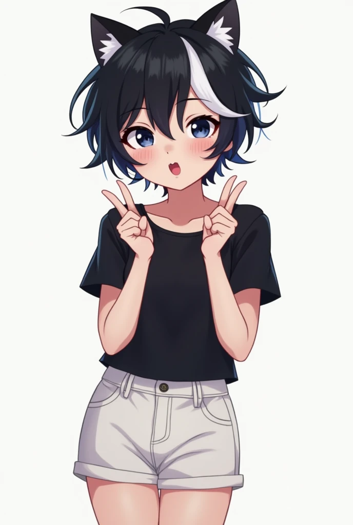 a femboy boy with a cute and feminine face,black hair with white streak, kind of messy and short, and dark blue eyes,wearing a black top and cute white short shorts,making a cat hand with your hand and sticking your tongue out in a cute way
