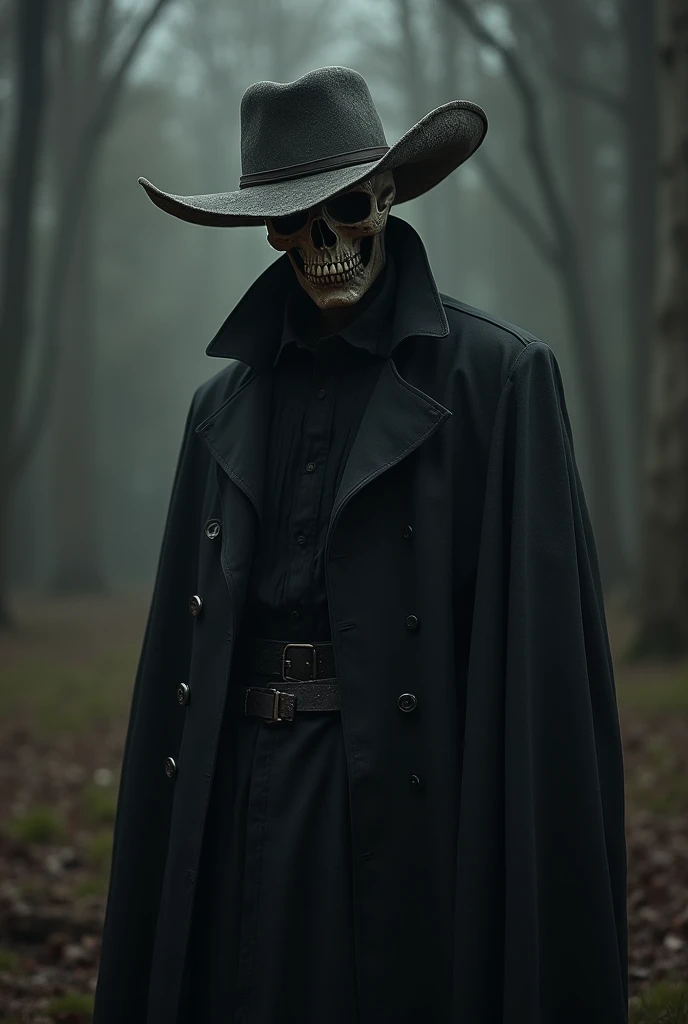 Man dressed in black with skull head and cowboy hat looking straight ahead with full body 