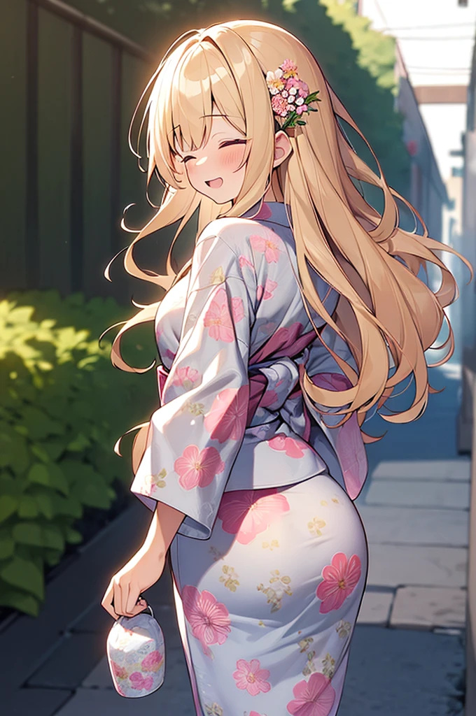 (Masterpiece, Top quality:1.5), (from behind:1.2), 1 beautiful girl, solo, walking, from behind, Blonde, medium Hair, wavy Hair, asymmetry bangs, swept bangs, airy hair, (big hips:1.3), 16 year old, standard weight, (floral printed yukata :1.3), smile:1.3, blush, beautiful scene of narrow Alley, blurry background, magnificent panorama view, blurry background, open mouth, closed eyes