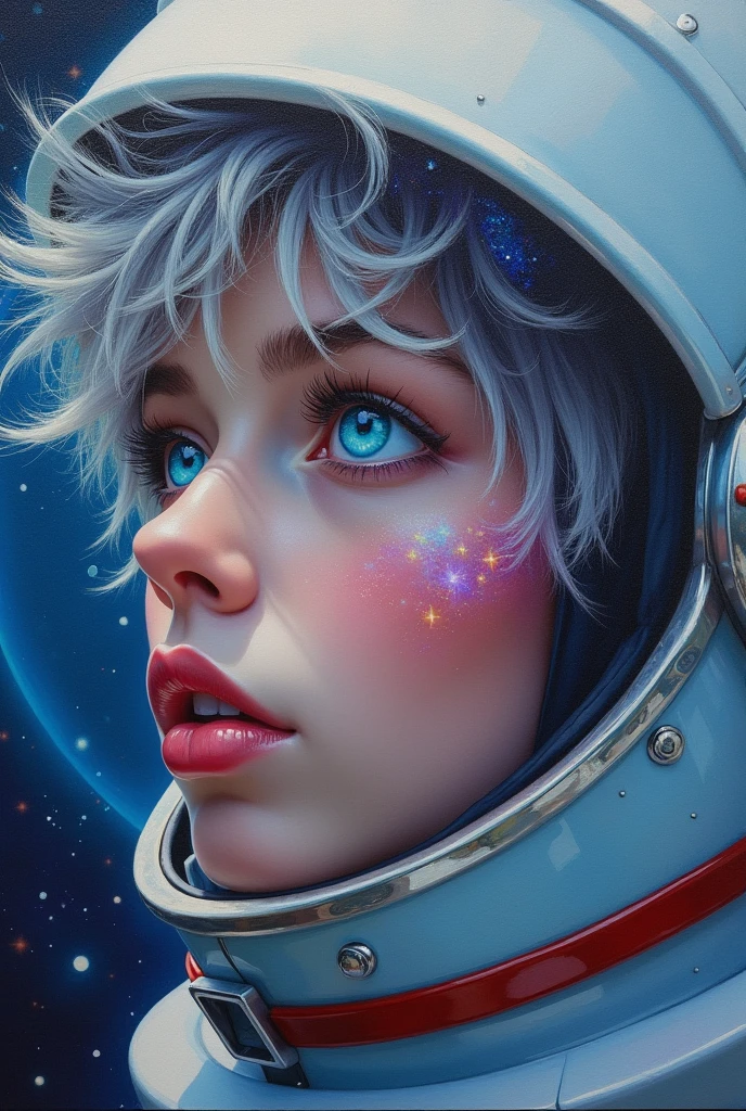 (Close-up of a better masterpiece:1.5)0.9], (Space and astronauts:1.2) (Messy silver hair:1.1) (Heterochromia xanthochromia and blue eyes:1.2) (Space Helmet:1.0) (Colored stars in the eyes:1.0) (A radiant glow:1.1) (thick lips:0.9)