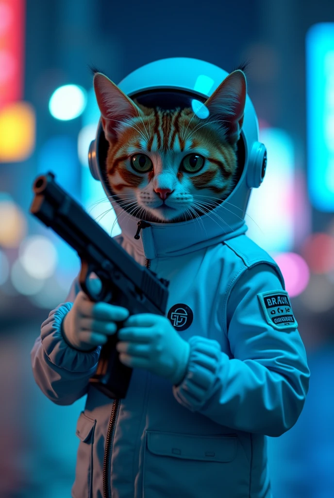 The best cell phone wallpaper, Award-Winning Wallpaper, portrait photography, In the front view is a portrait of a cute cat wearing mid-1960s space age fashion, Side view photo, Shot with Canon EOS R5, Set a strong contrast that accentuates the subject, Fluorescent blue tone, Wearing a very modern spacial raw agent mission uniform and a one hand pistol modern 1960s style, Clothes all in one color, beautiful background blur night city