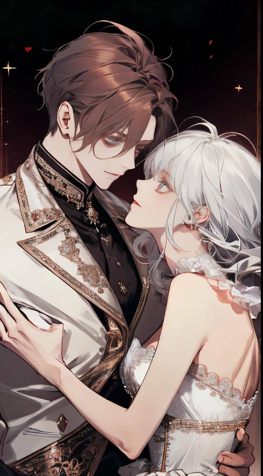(extreamly delicate and beautiful:1.2), 8K, (tmasterpiece, best:1.0), Two male, One female, Upper body body, black-haired, silver hair, red dark hair, love triangle, 2 male 1 female - love triangle