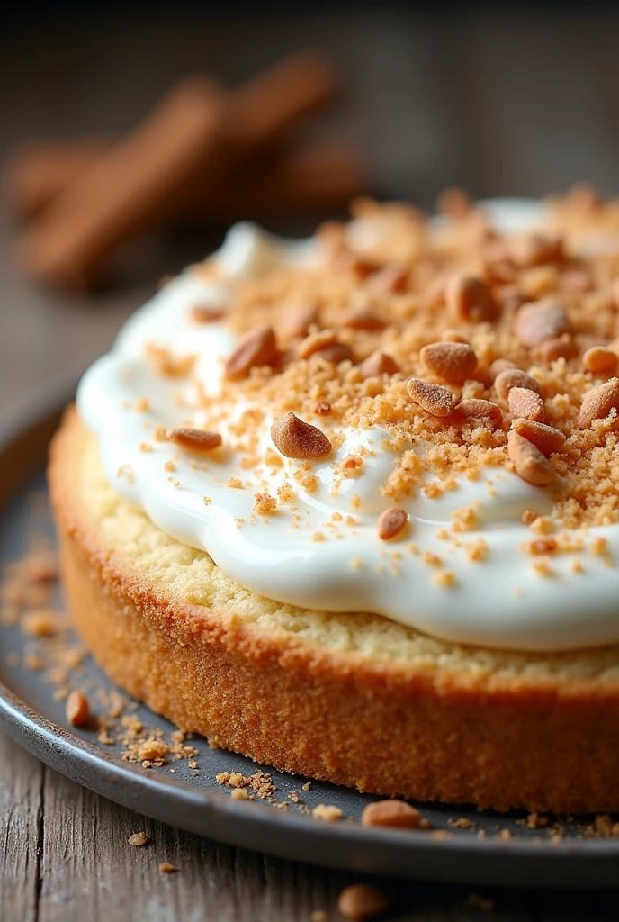 grated coconut pie with white ganche ,sprinkled with nest milk, cinnamon bark